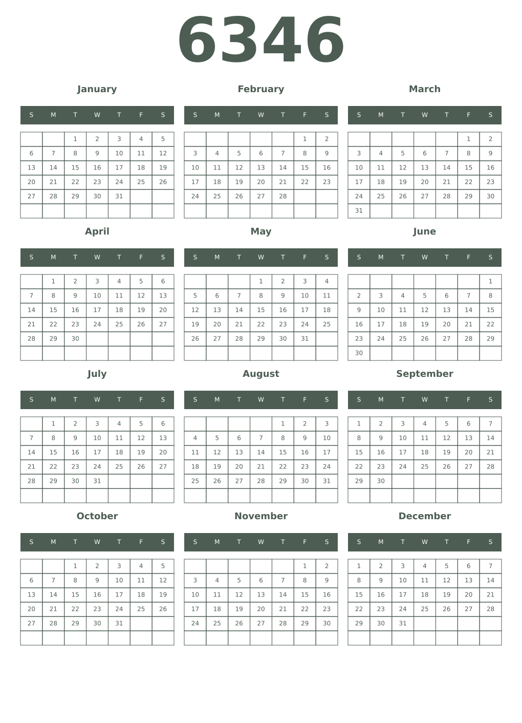 Printable 6346 Year Calendars feldgrau