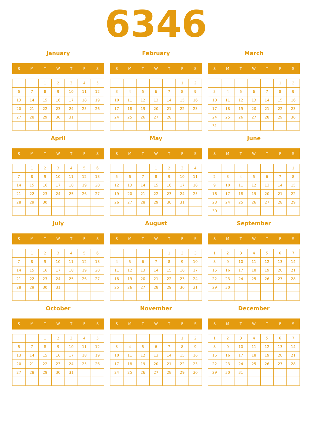 Printable 6346 Year Calendars gamboge