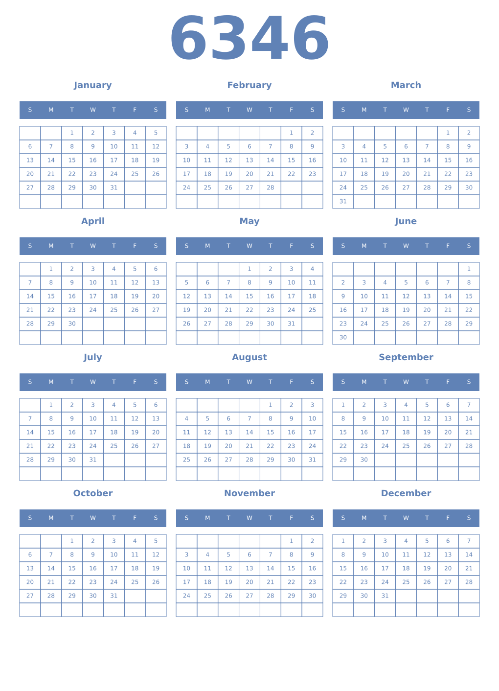Printable 6346 Year Calendars glaucous