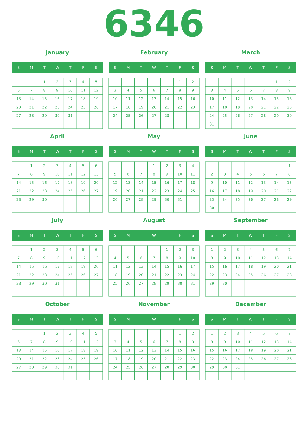 Printable 6346 Year Calendars green