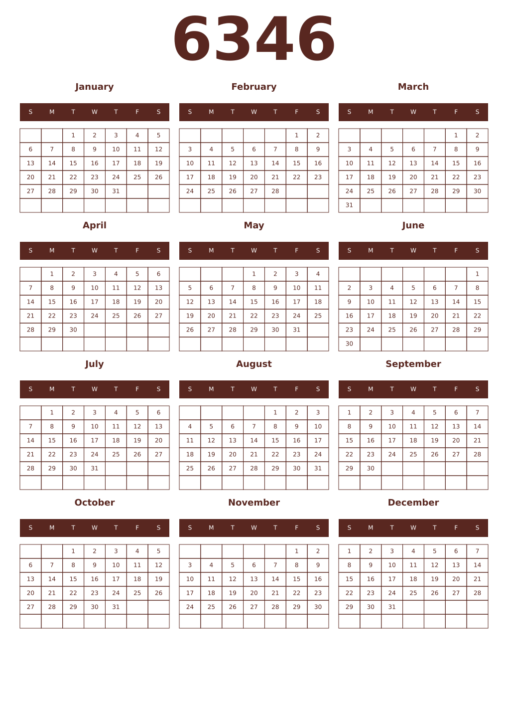 Printable 6346 Year Calendars mortuum