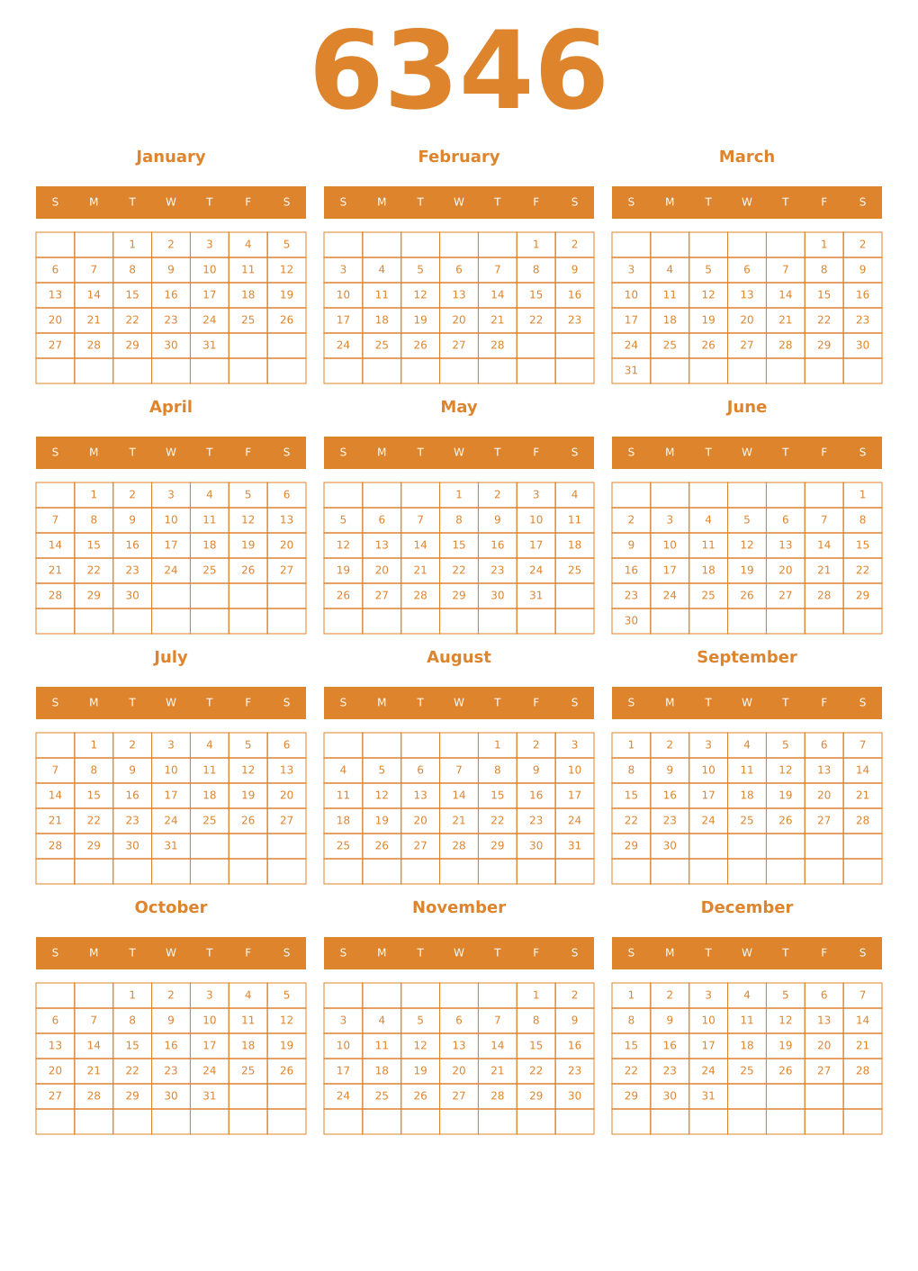 Printable 6346 Year Calendars orange