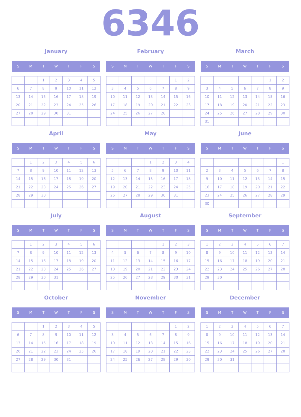 Printable 6346 Year Calendars periwinkle