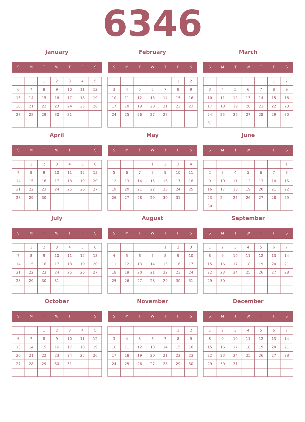 Printable 6346 Year Calendars puce