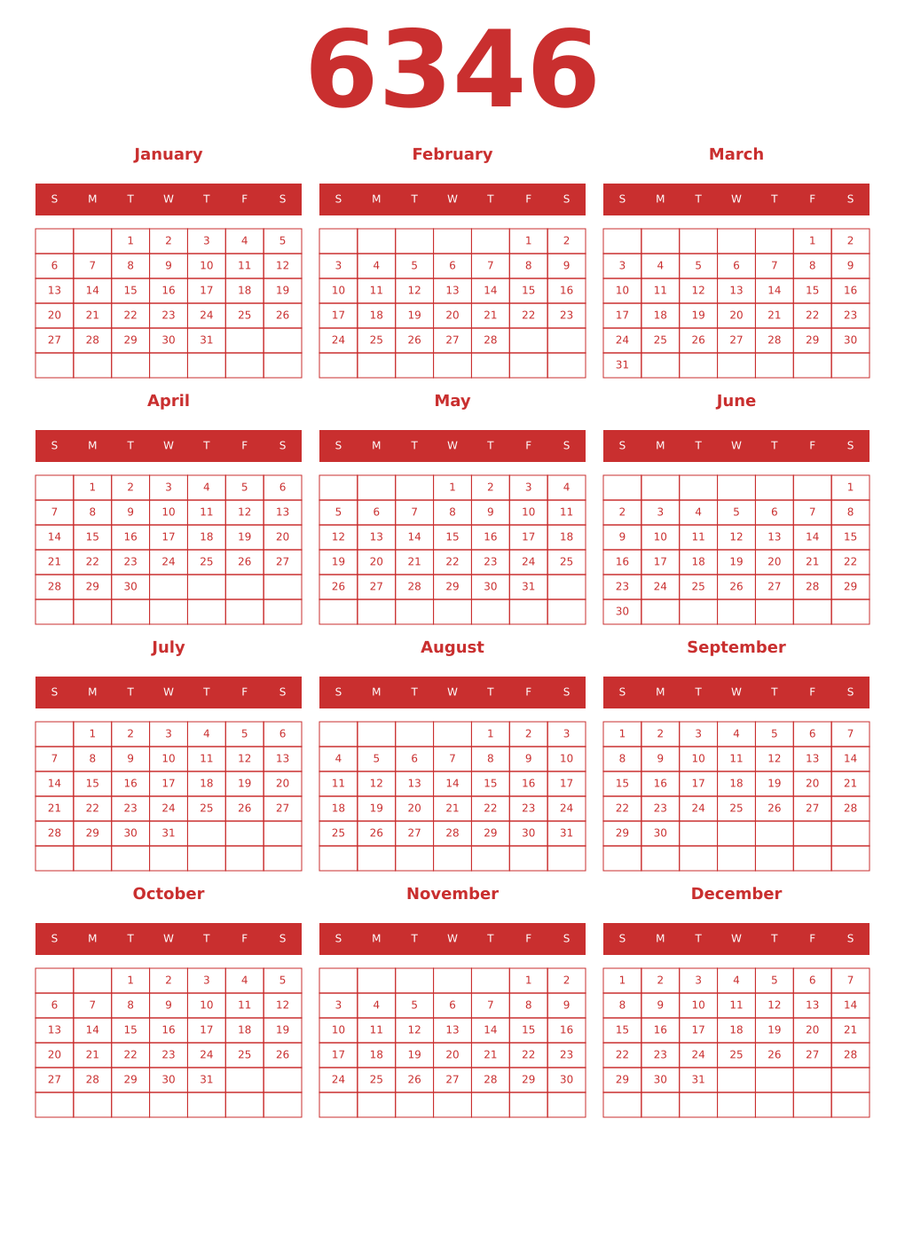 Printable 6346 Year Calendars red