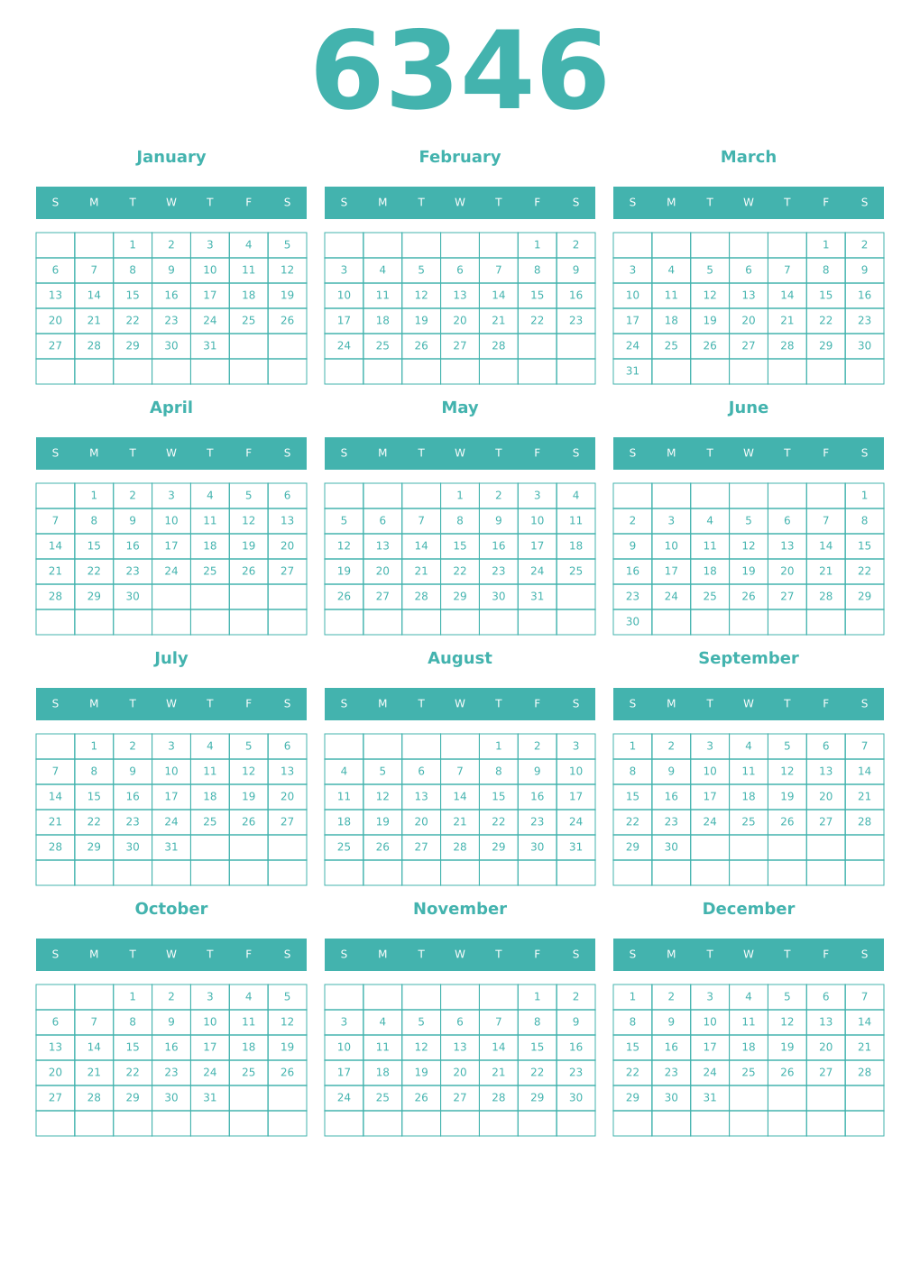 Printable 6346 Year Calendars verdigris