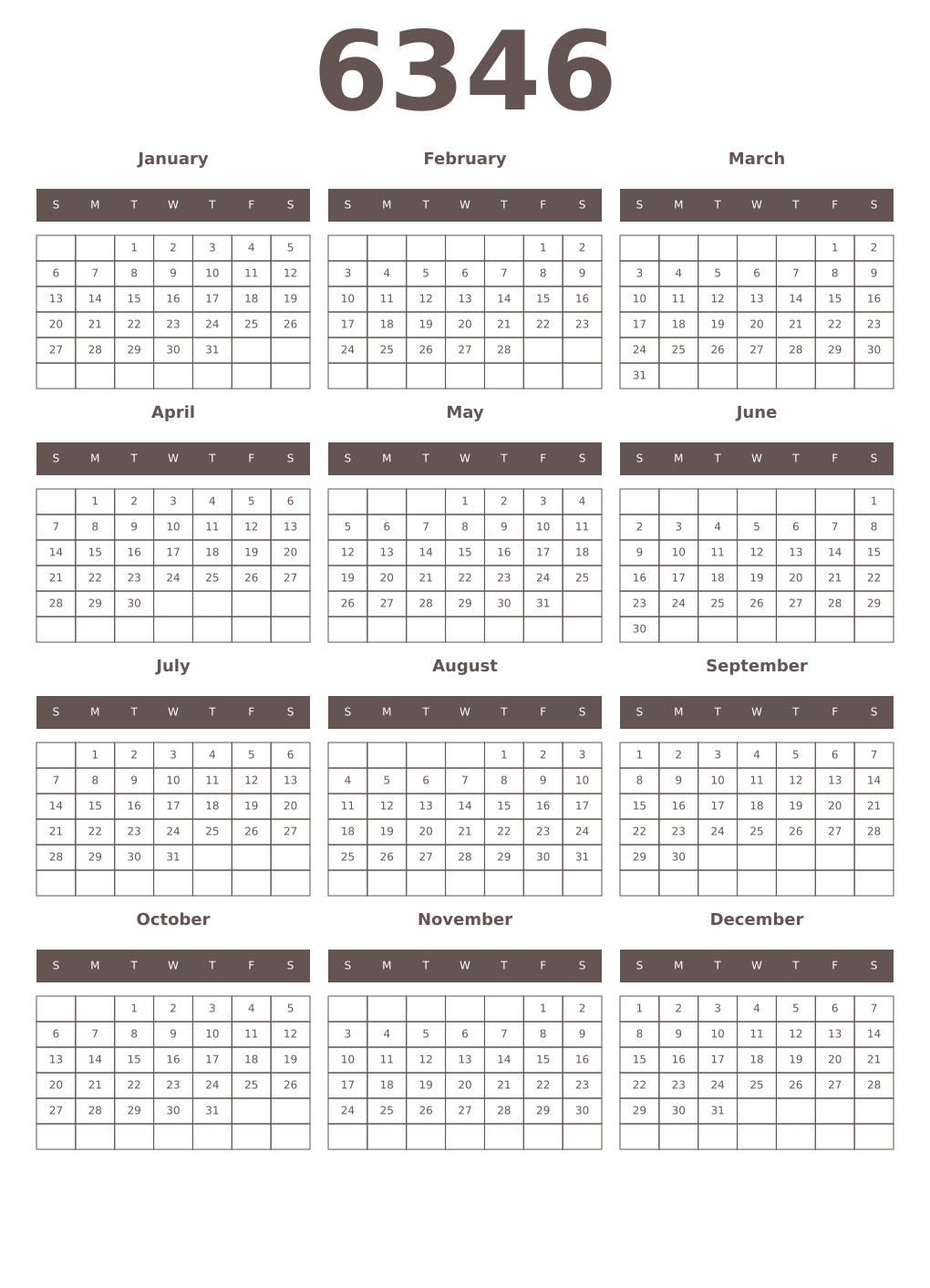 Printable 6346 Year Calendars wenge