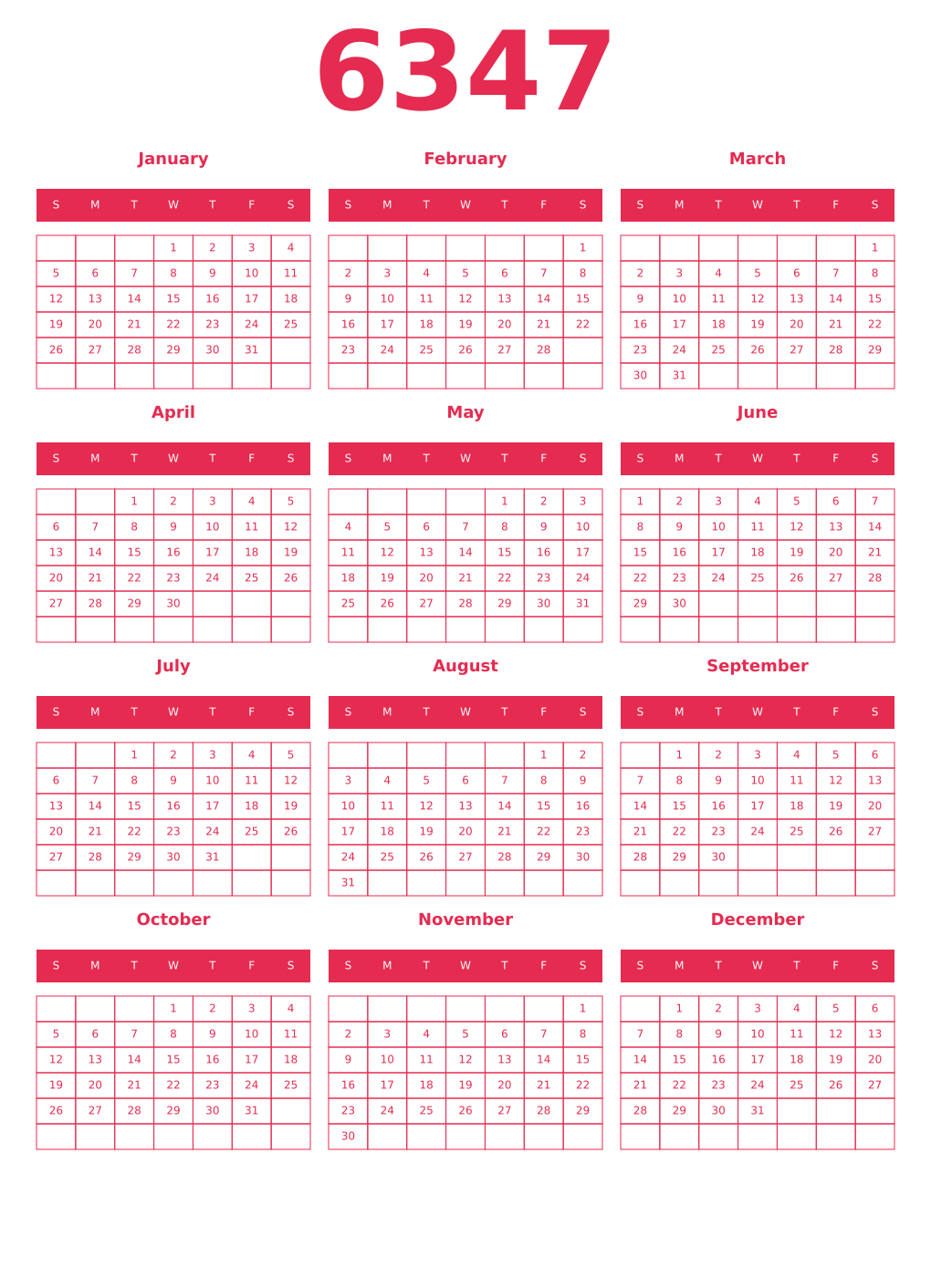 Printable 6347 Year Calendars amaranth