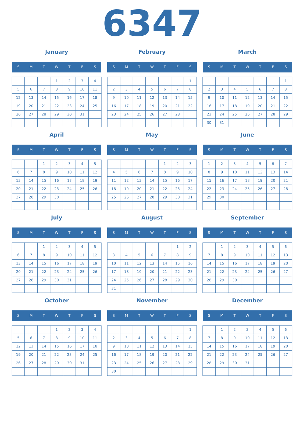 Printable 6347 Year Calendars blue