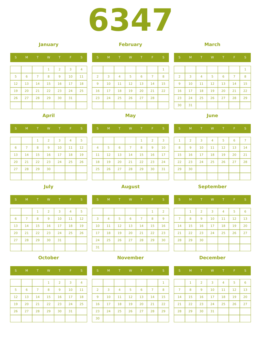 Printable 6347 Year Calendars chartreuse