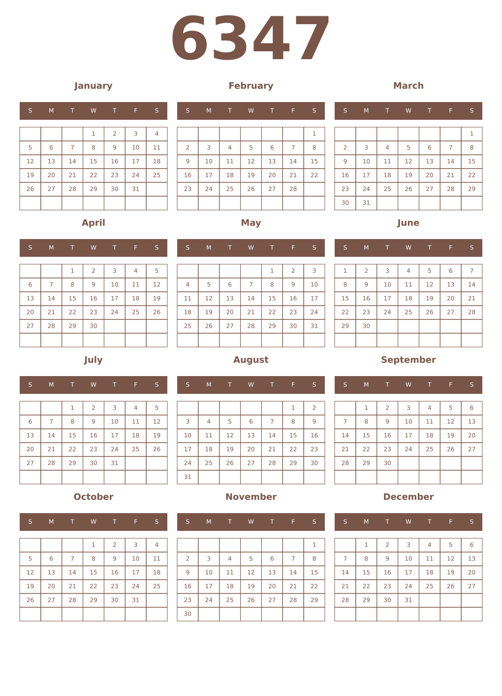 Printable 6347 Year Calendars coffe