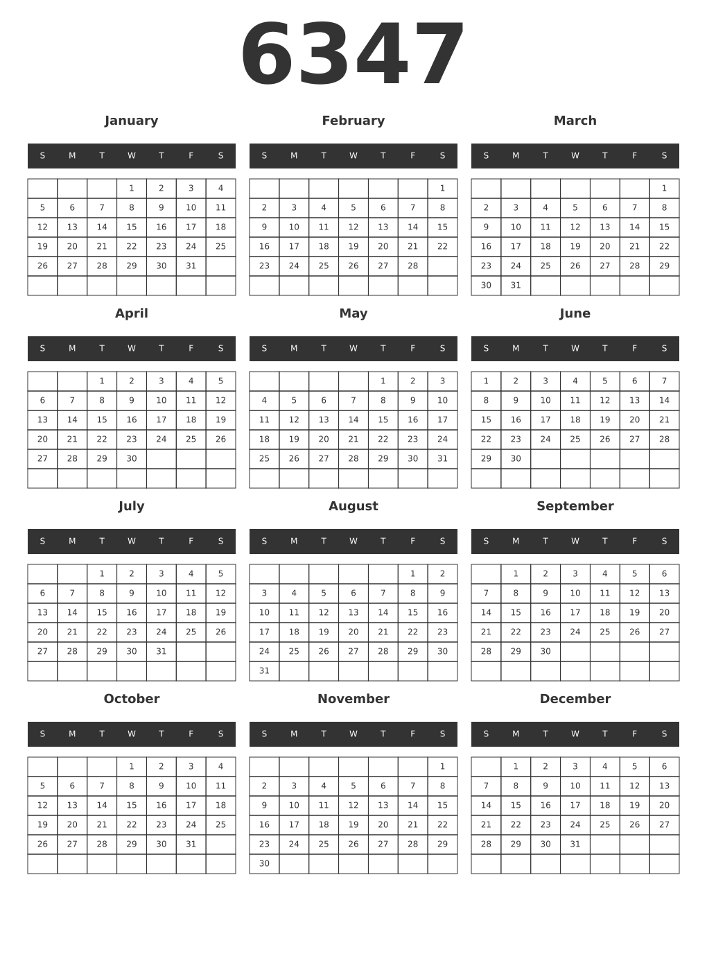 Printable 6347 Year Calendars dark