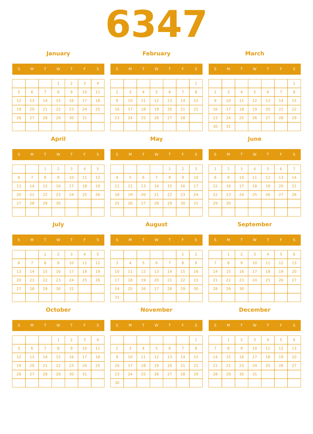 Printable 6347 Year Calendars gamboge