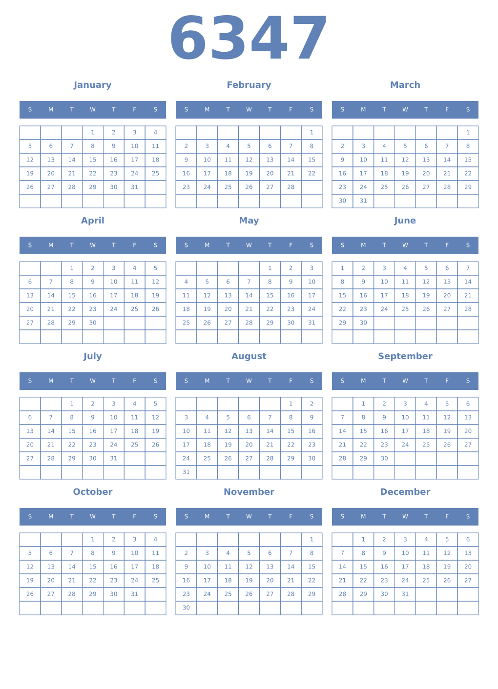 Printable 6347 Year Calendars glaucous