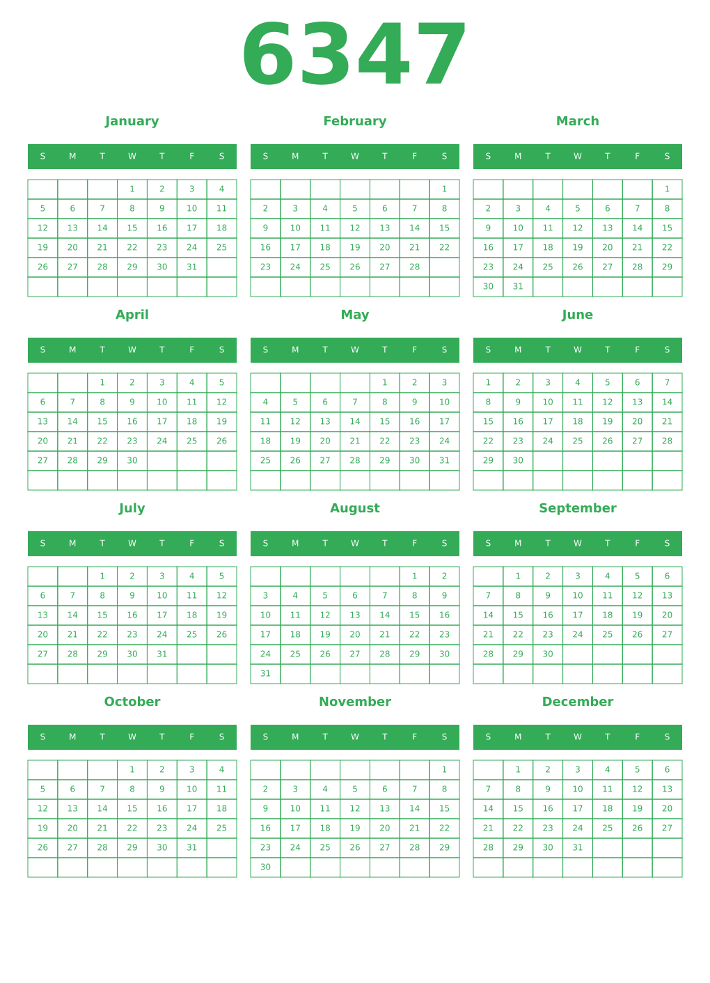 Printable 6347 Year Calendars green