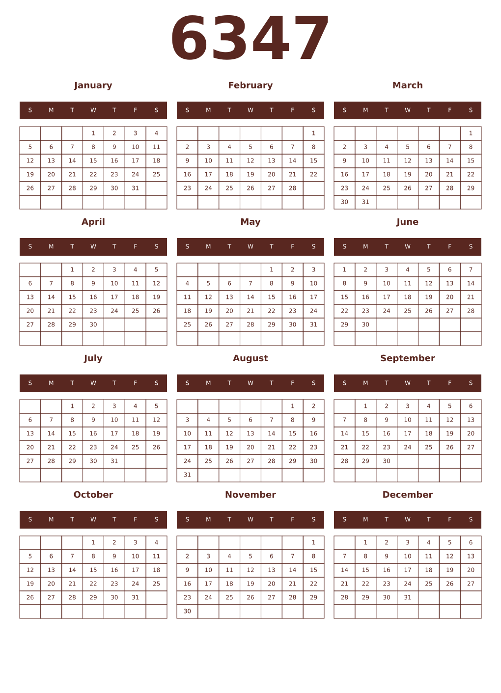 Printable 6347 Year Calendars mortuum