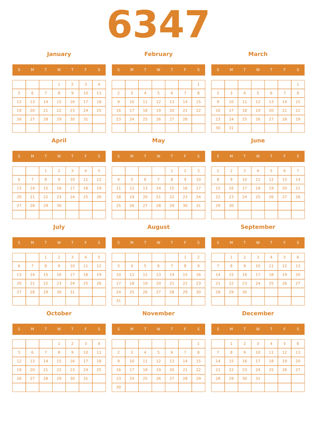 Printable 6347 Year Calendars orange
