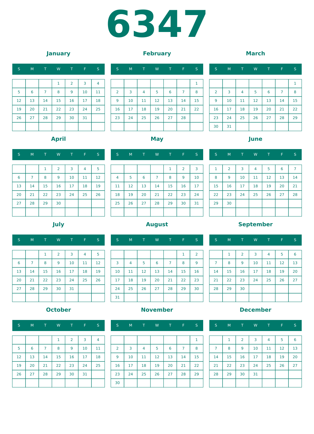 Printable 6347 Year Calendars pastel