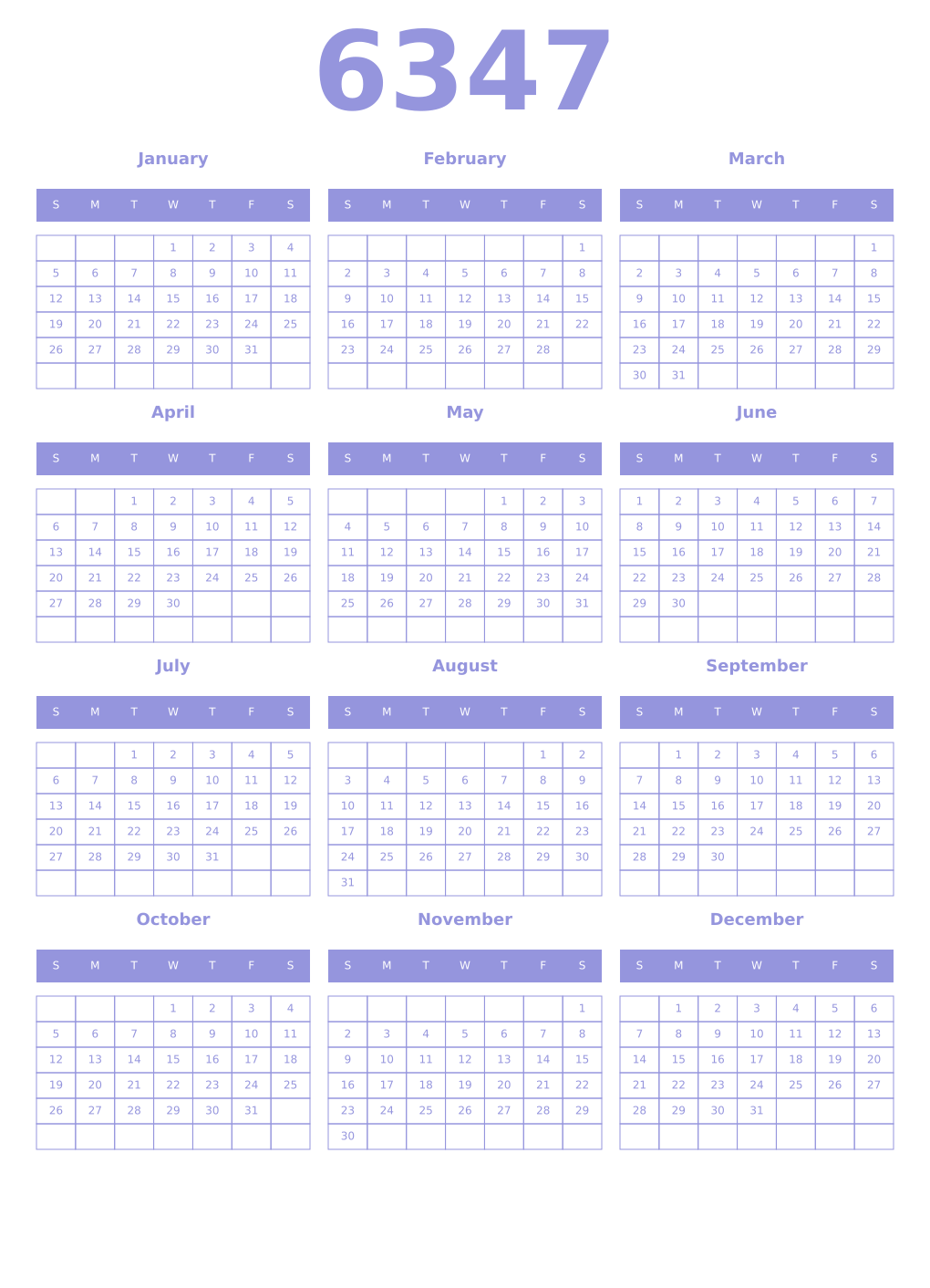 Printable 6347 Year Calendars periwinkle