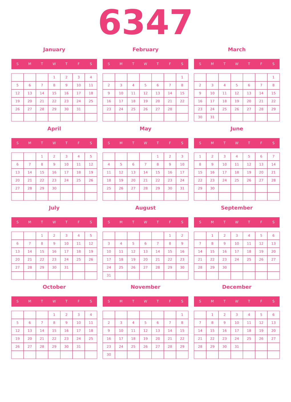 Printable 6347 Year Calendars pink