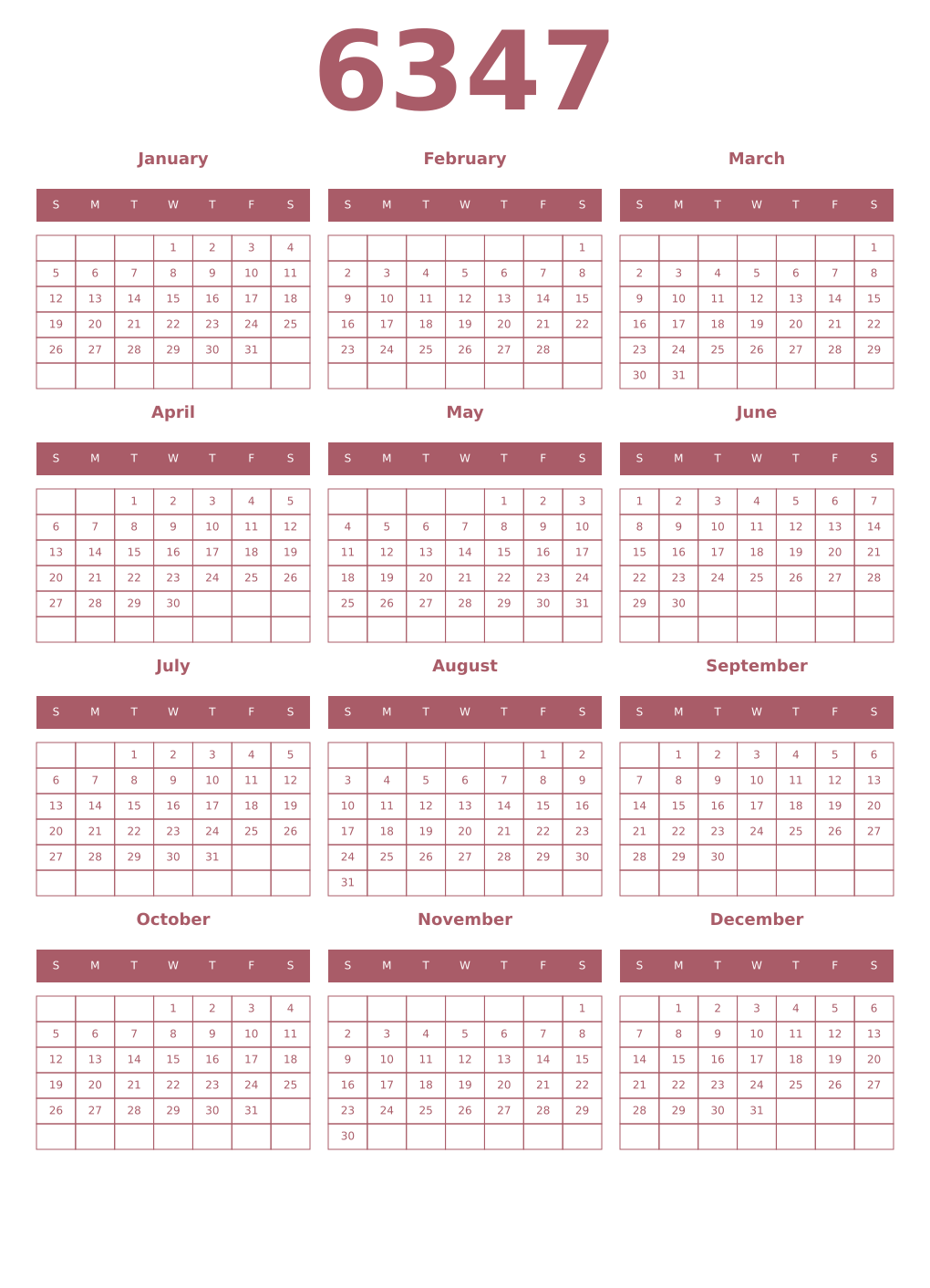 Printable 6347 Year Calendars puce
