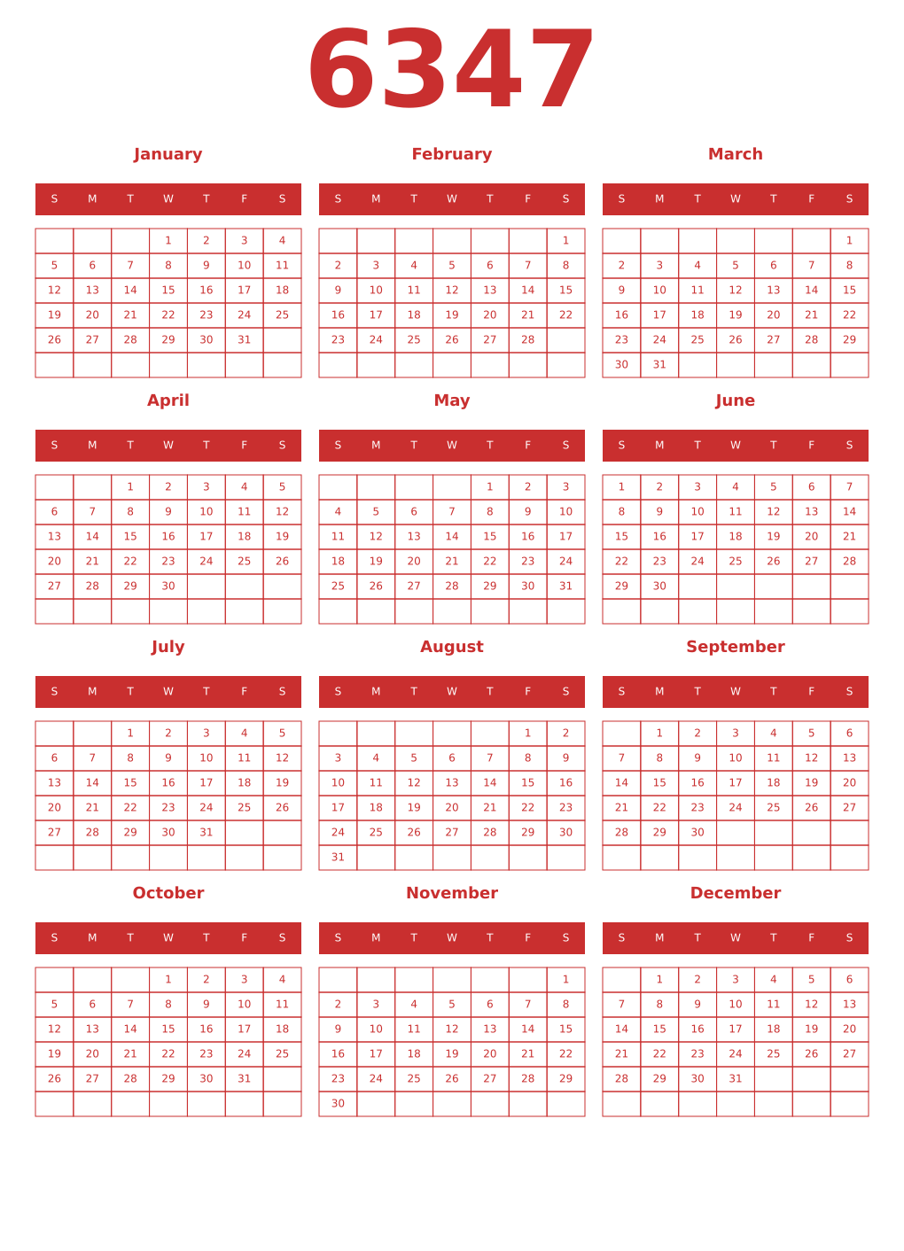 Printable 6347 Year Calendars red