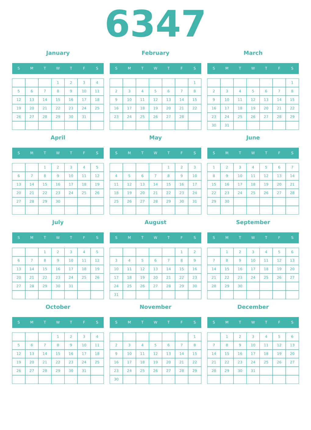 Printable 6347 Year Calendars verdigris