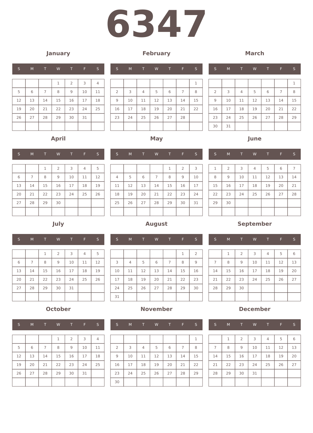 Printable 6347 Year Calendars wenge