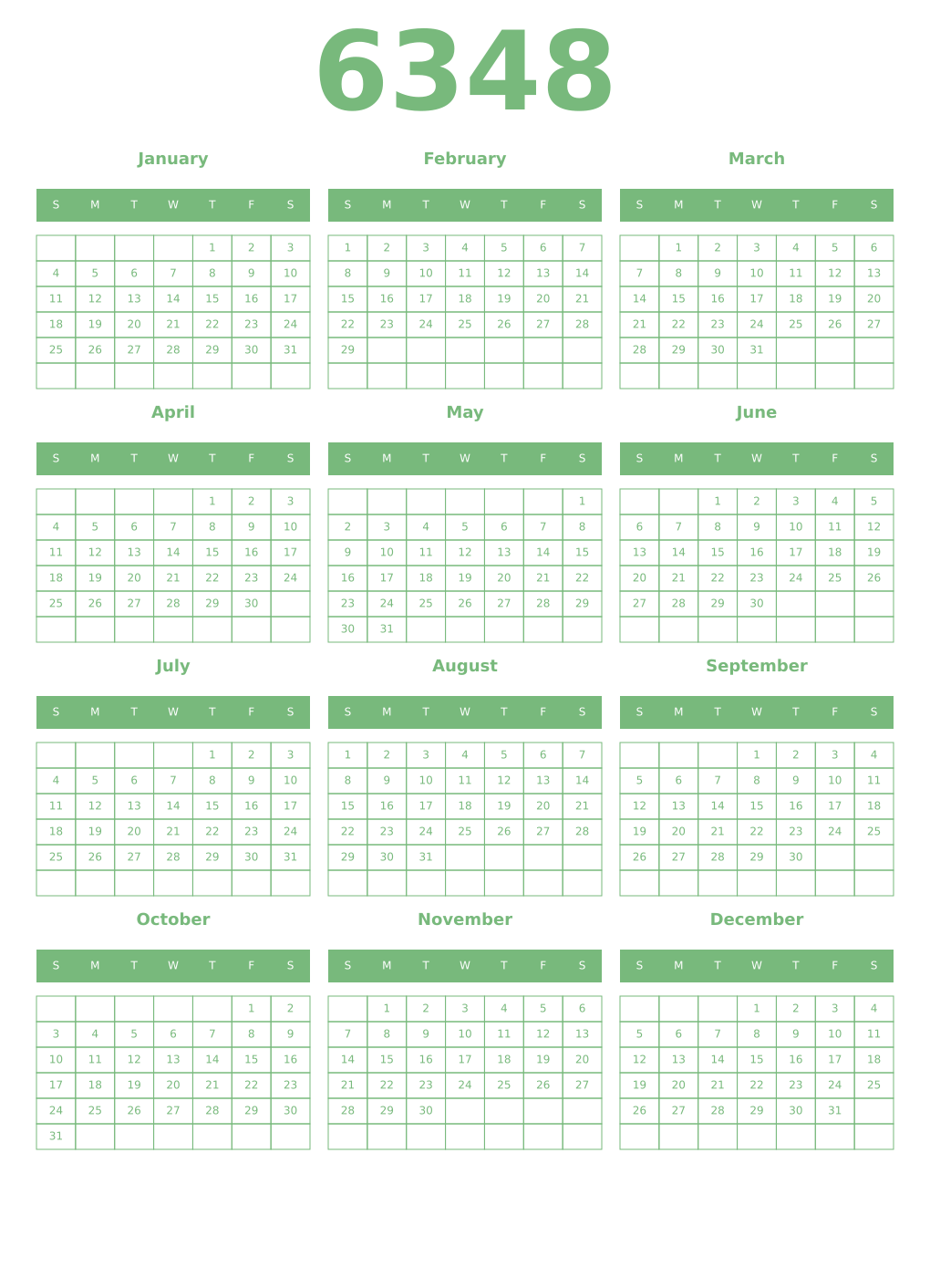 Printable 6348 Year Calendars celadon