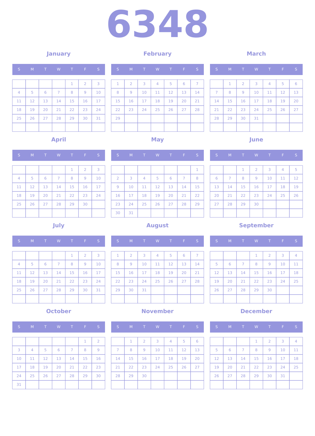 Printable 6348 Year Calendars periwinkle