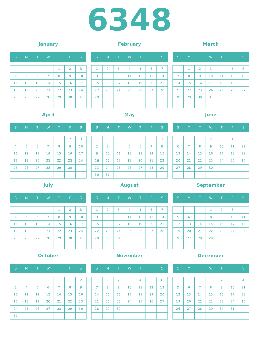 Printable 6348 Year Calendars verdigris