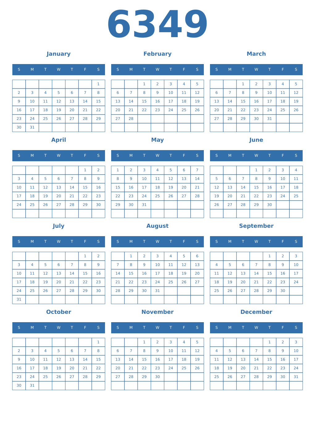 Printable 6349 Year Calendars blue