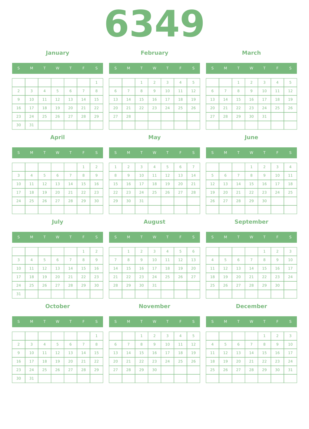 Printable 6349 Year Calendars celadon