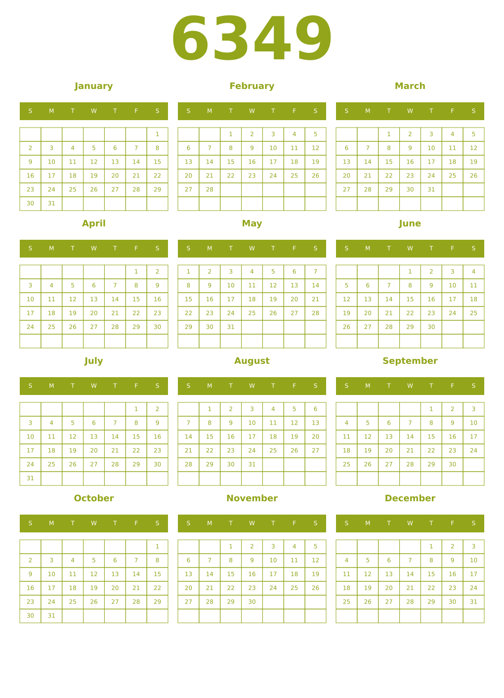Printable 6349 Year Calendars chartreuse