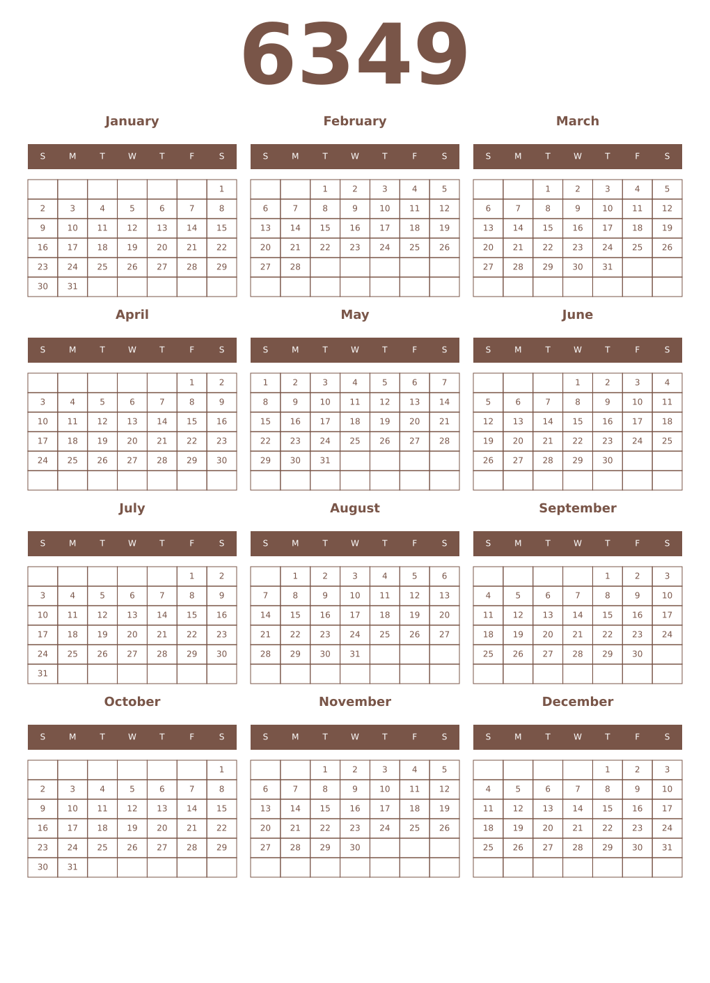 Printable 6349 Year Calendars coffe