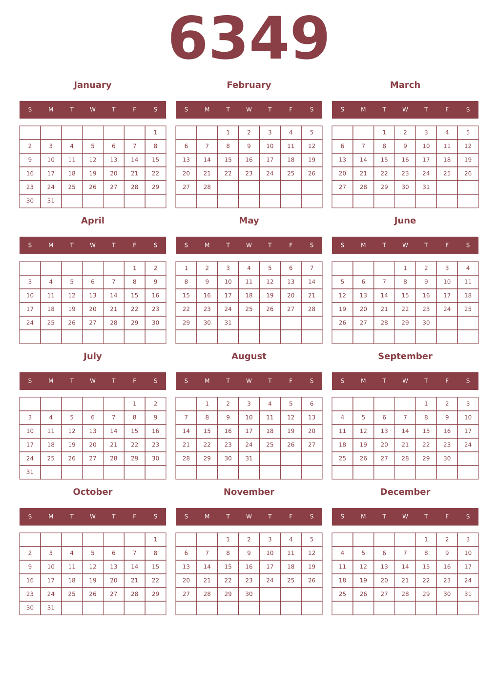 Printable 6349 Year Calendars cordovan