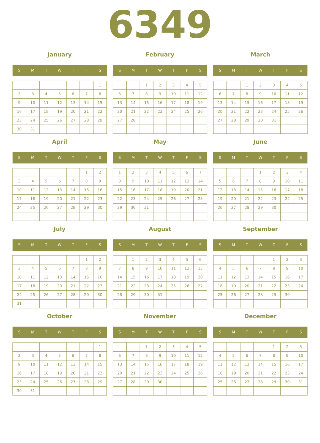 Printable 6349 Year Calendars eburnean