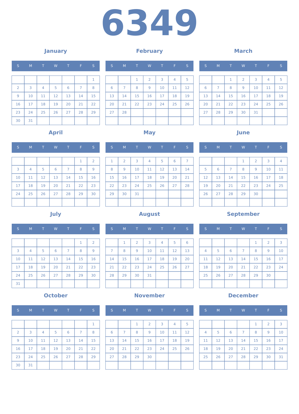 Printable 6349 Year Calendars glaucous