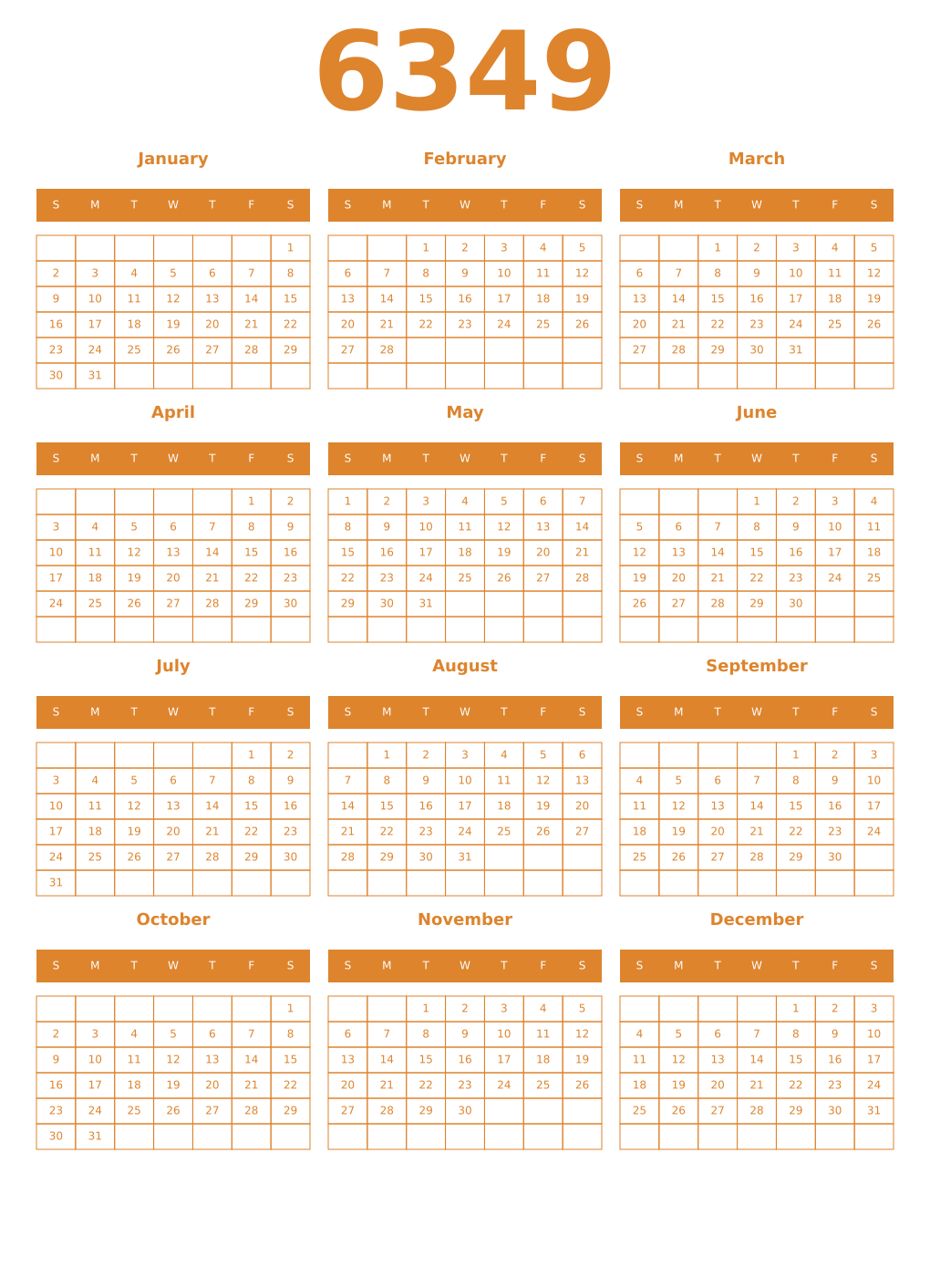 Printable 6349 Year Calendars orange