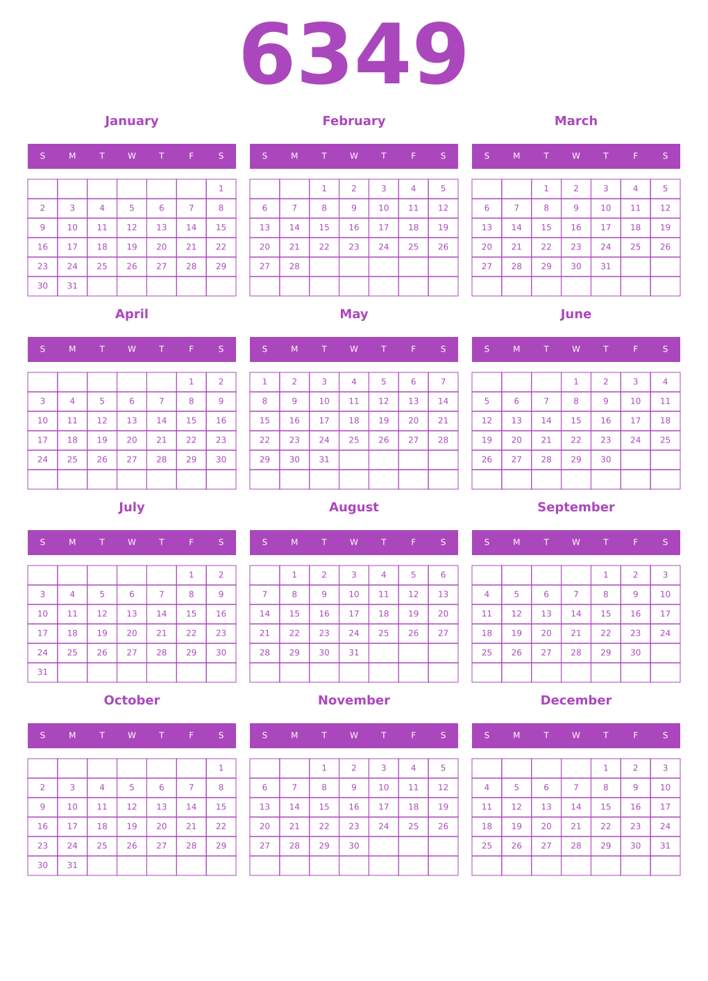 Printable 6349 Year Calendars purple