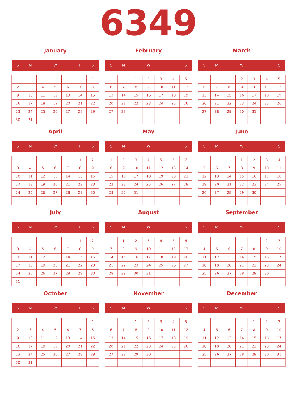 Printable 6349 Year Calendars red