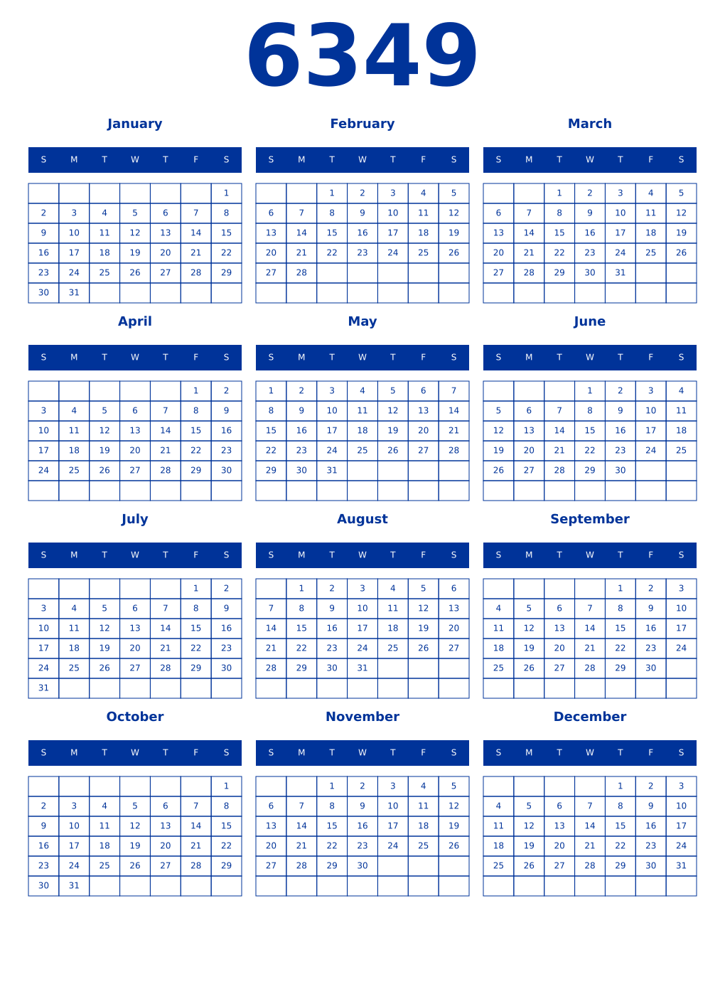Printable 6349 Year Calendars smalt