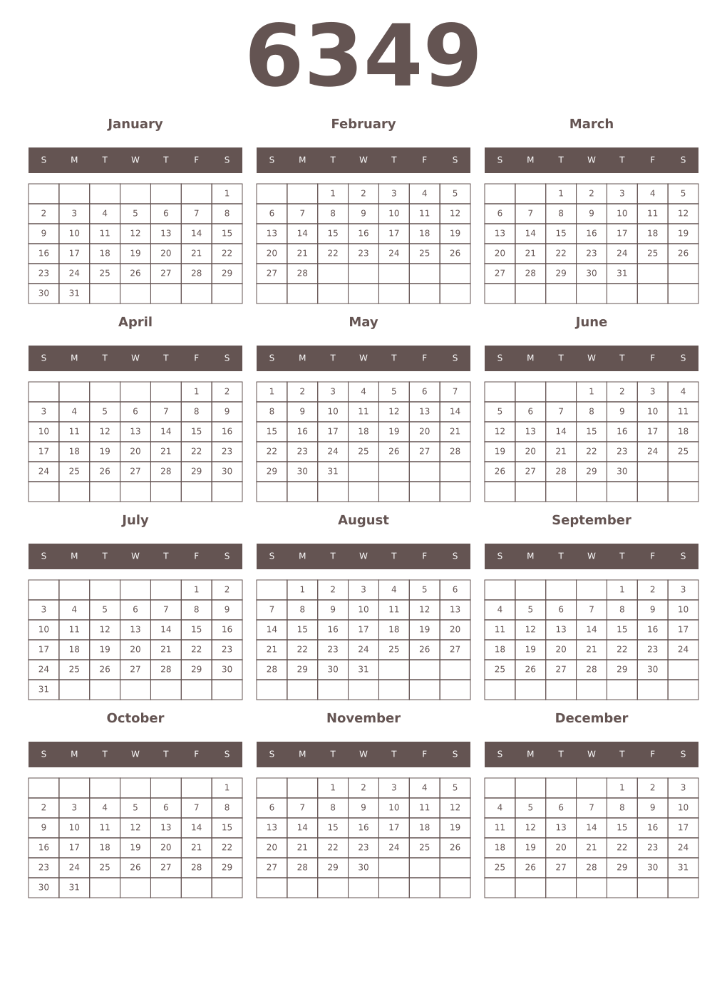 Printable 6349 Year Calendars wenge