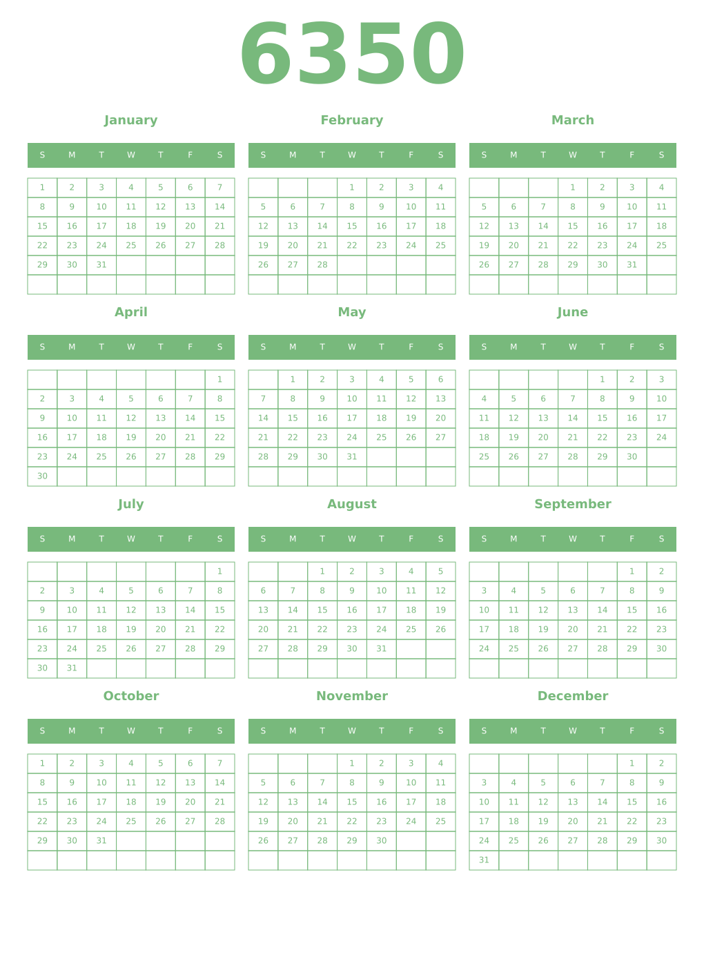 Printable 6350 Year Calendars celadon