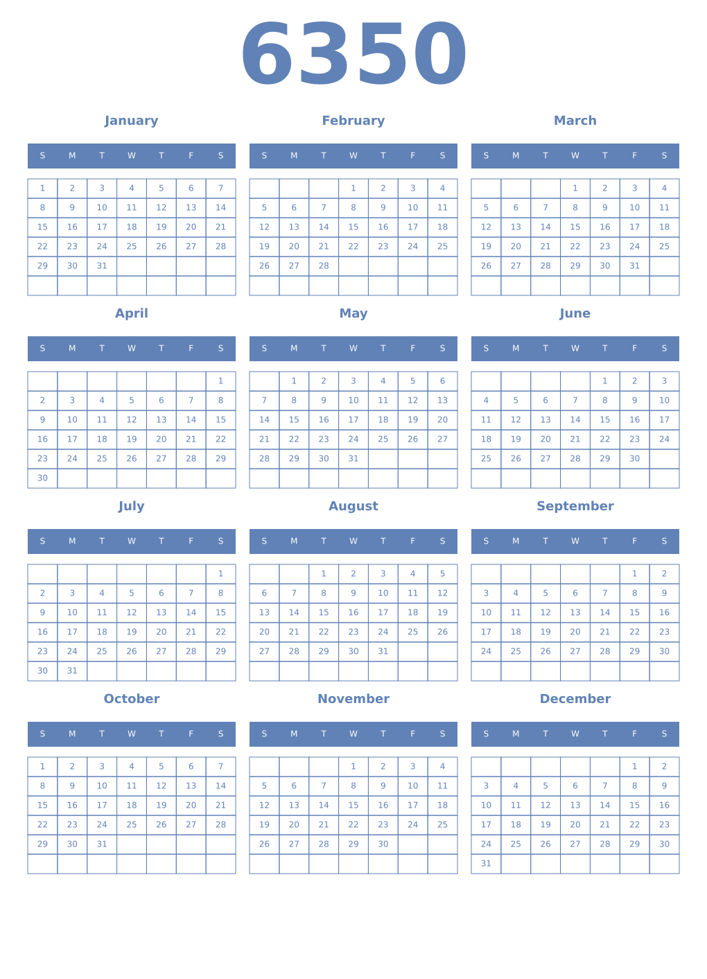 Printable 6350 Year Calendars glaucous