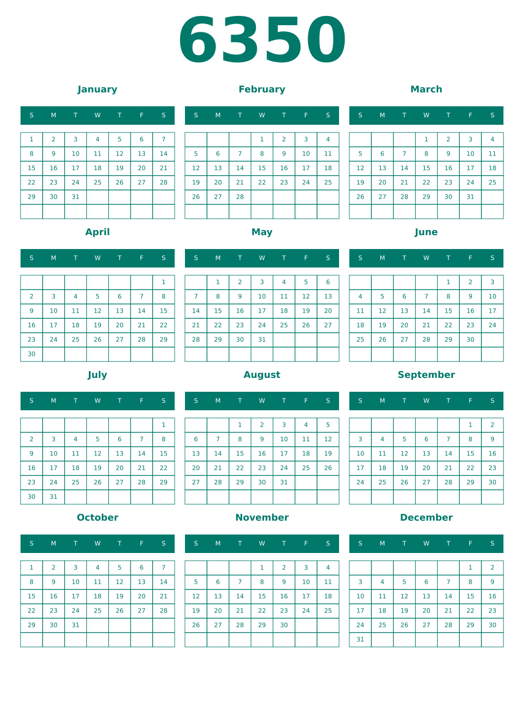 Printable 6350 Year Calendars pastel