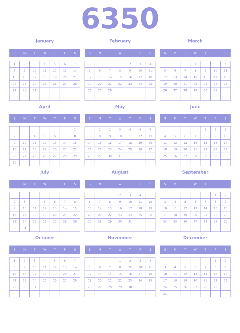 Printable 6350 Year Calendars periwinkle