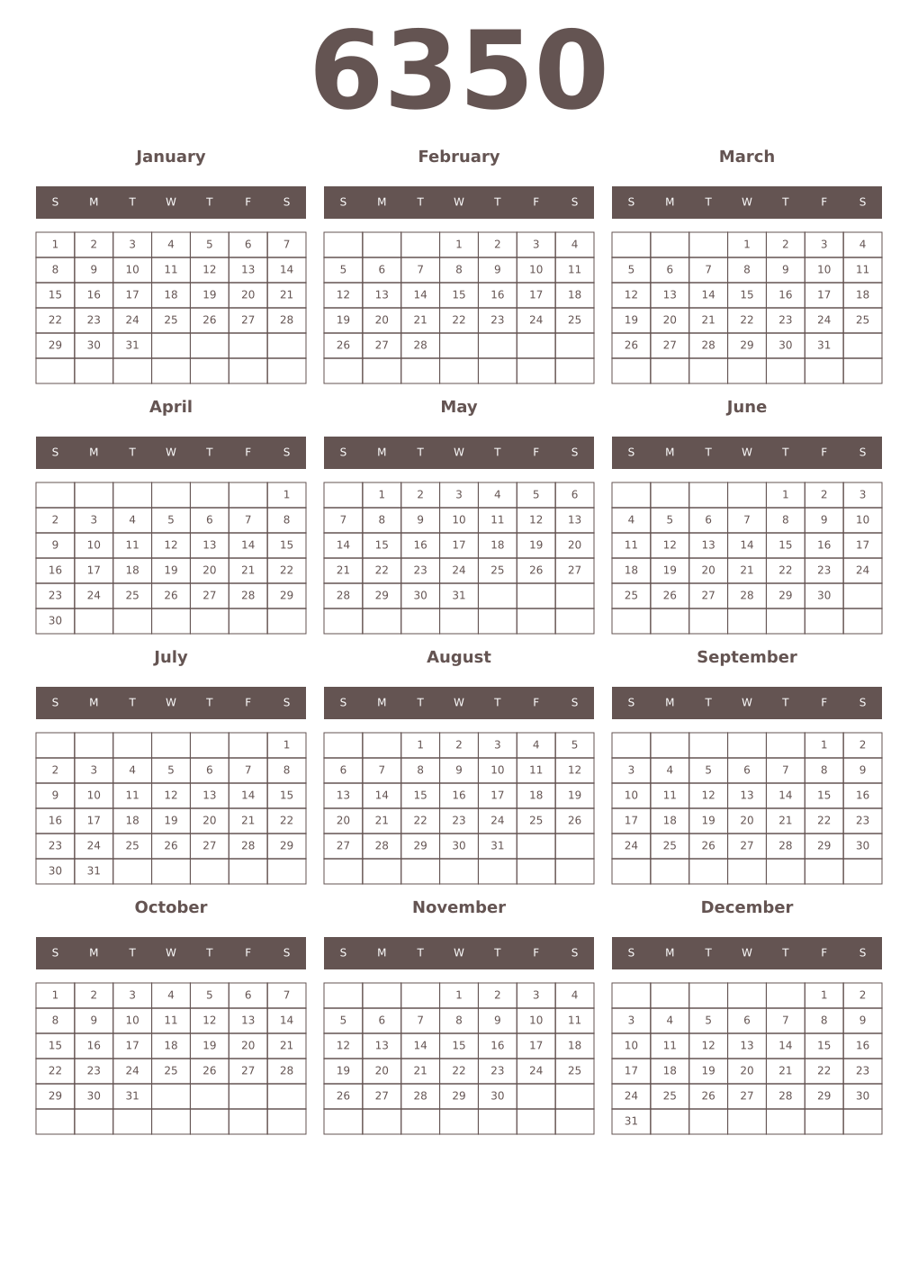 Printable 6350 Year Calendars wenge