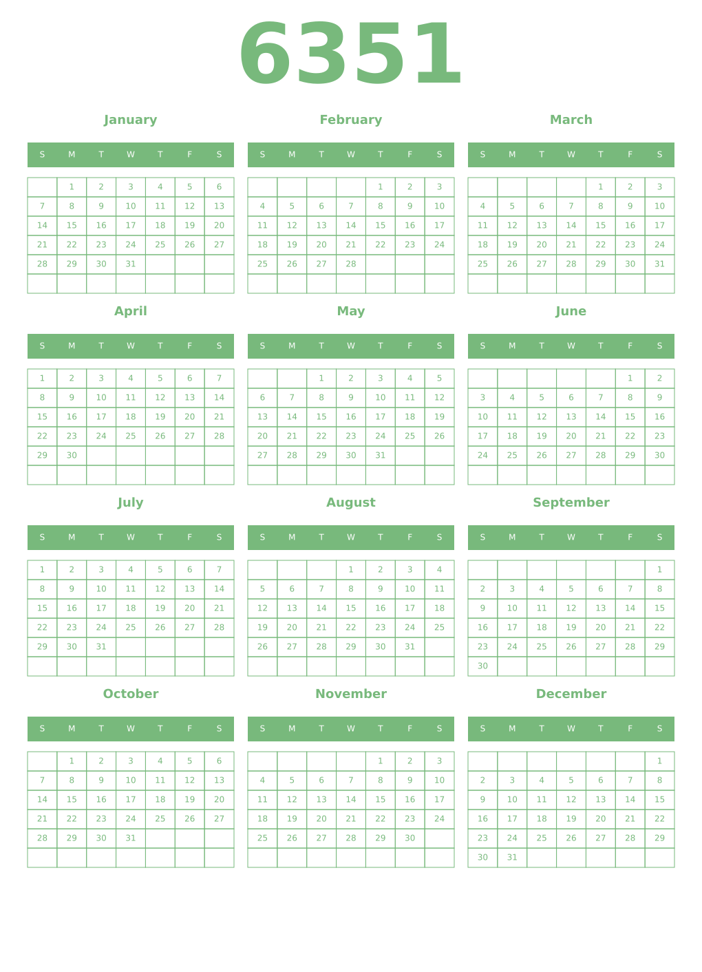 Printable 6351 Year Calendars celadon