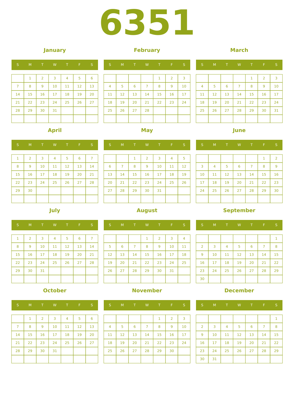 Printable 6351 Year Calendars chartreuse